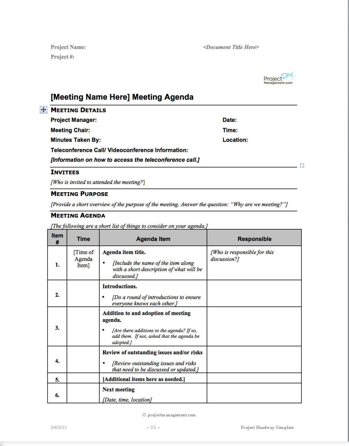 free editable change management planning meeting template example