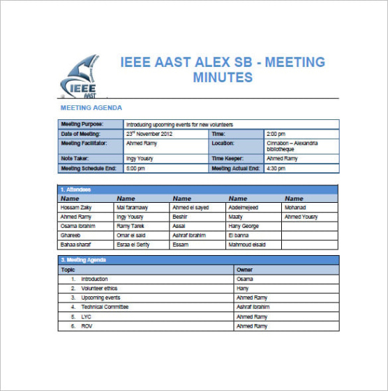 blank project team meeting minutes template pdf