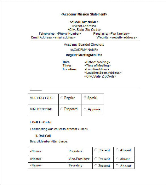 free printable formal board meeting minutes template sample