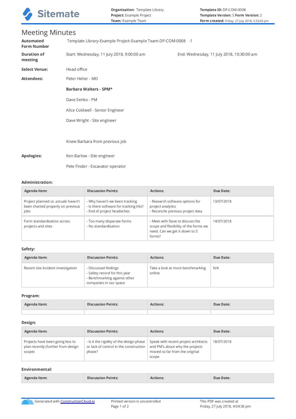 free sample project management meeting minutes template word