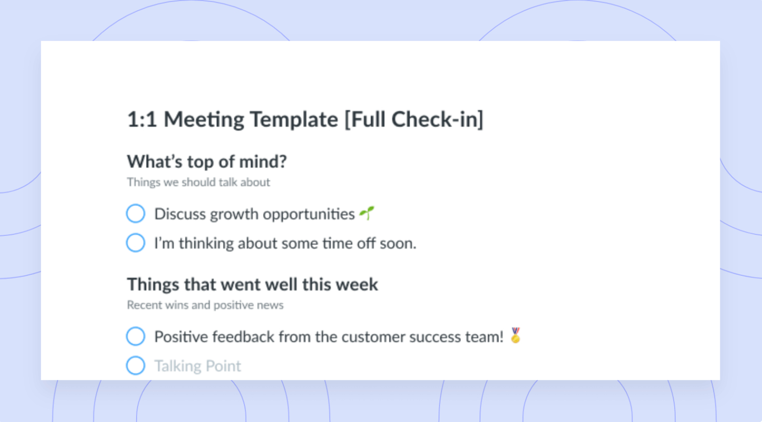 sample weekly employee one on one meeting template