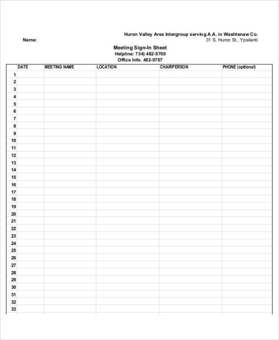 Editable Staff Meeting Sign In Sheet Template Excel