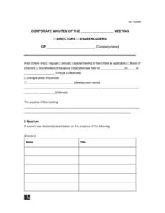 Free Blank Annual Corporate Meeting Minutes For Single Owner Template Pdf