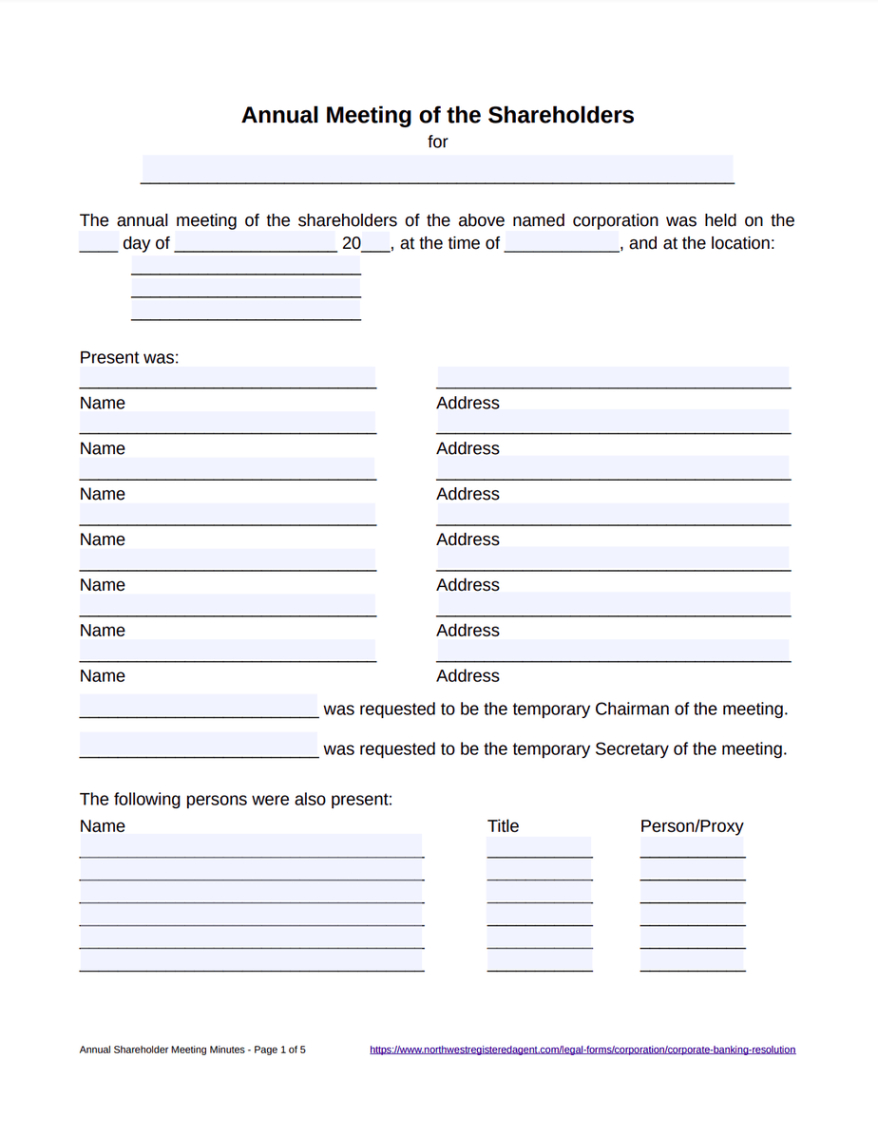 Free Printable Annual Corporate Meeting Minutes Template Example