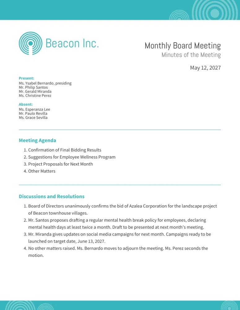 Free Printable Board Meeting Summary Template Sample