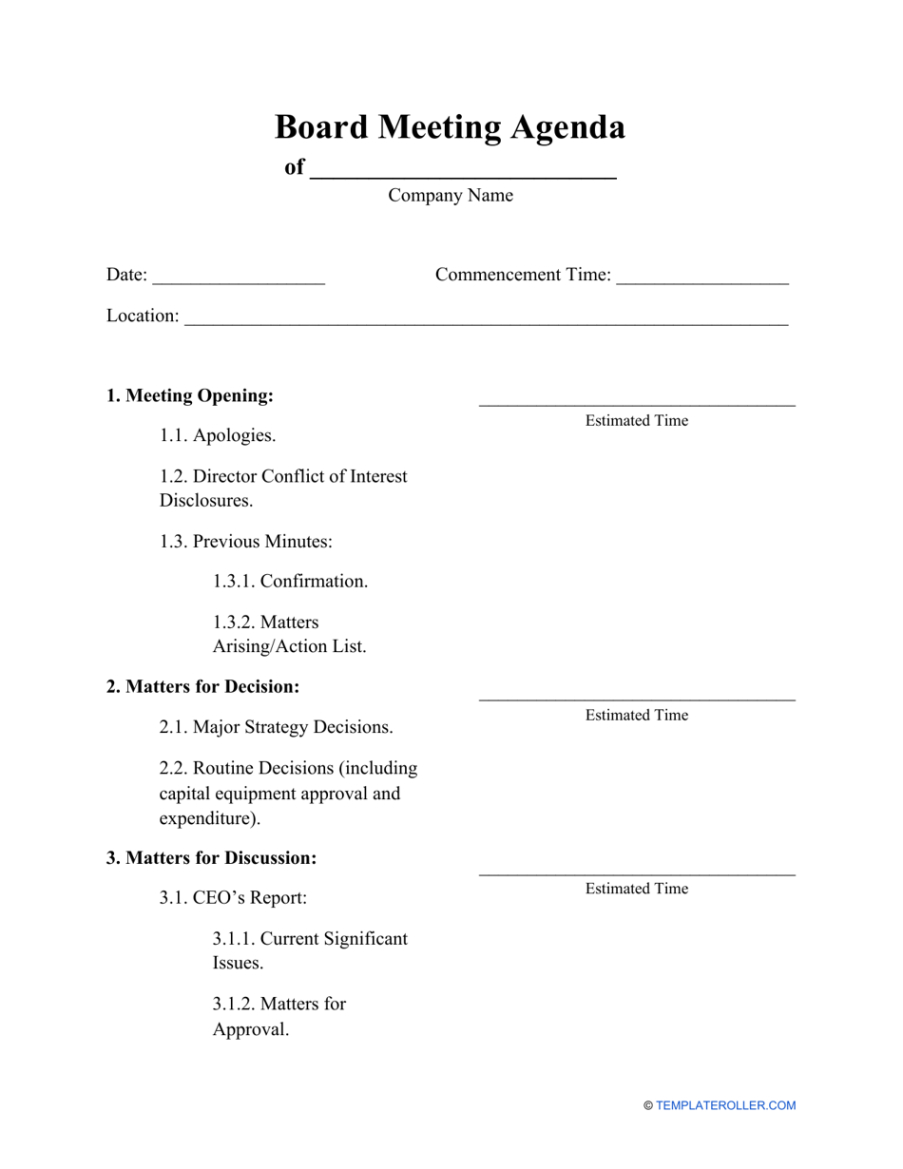 Free Sample Nonprofit Board Of Directors Meeting Minutes Template