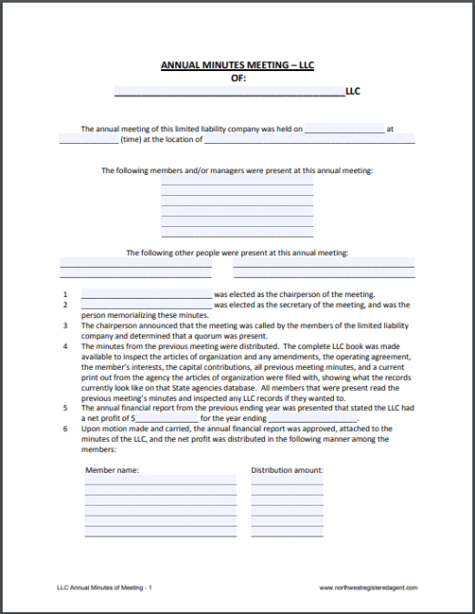 Printable Annual Corporate Meeting Minutes For Single Owner Template Word