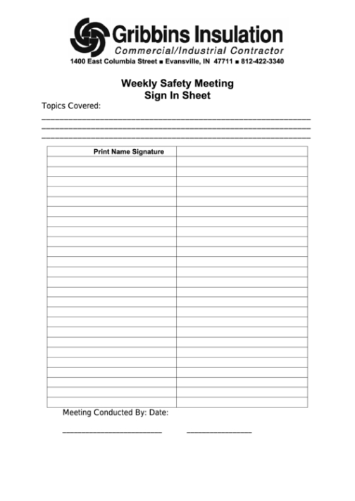 Printable Safety Meeting Sign In Sheet Template Sample