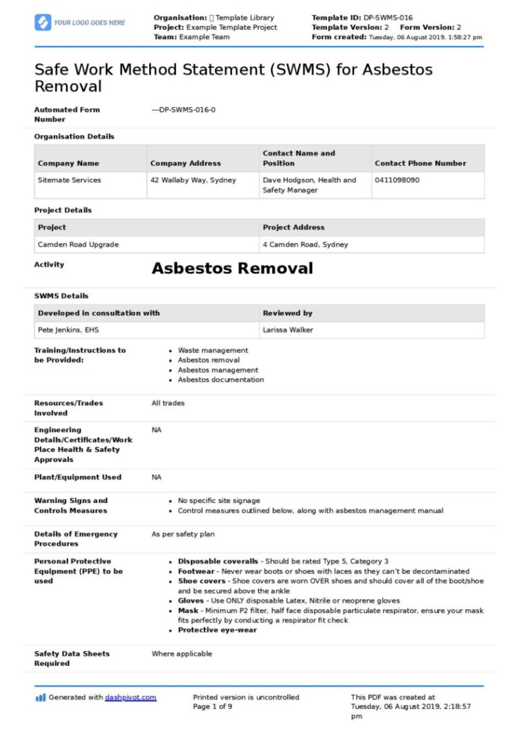 editable asbestos safe work method statement for asbestos removal etc safety work method statement template