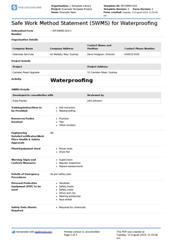 editable waterproofing safe work method statement free  editable safety work method statement template pdf