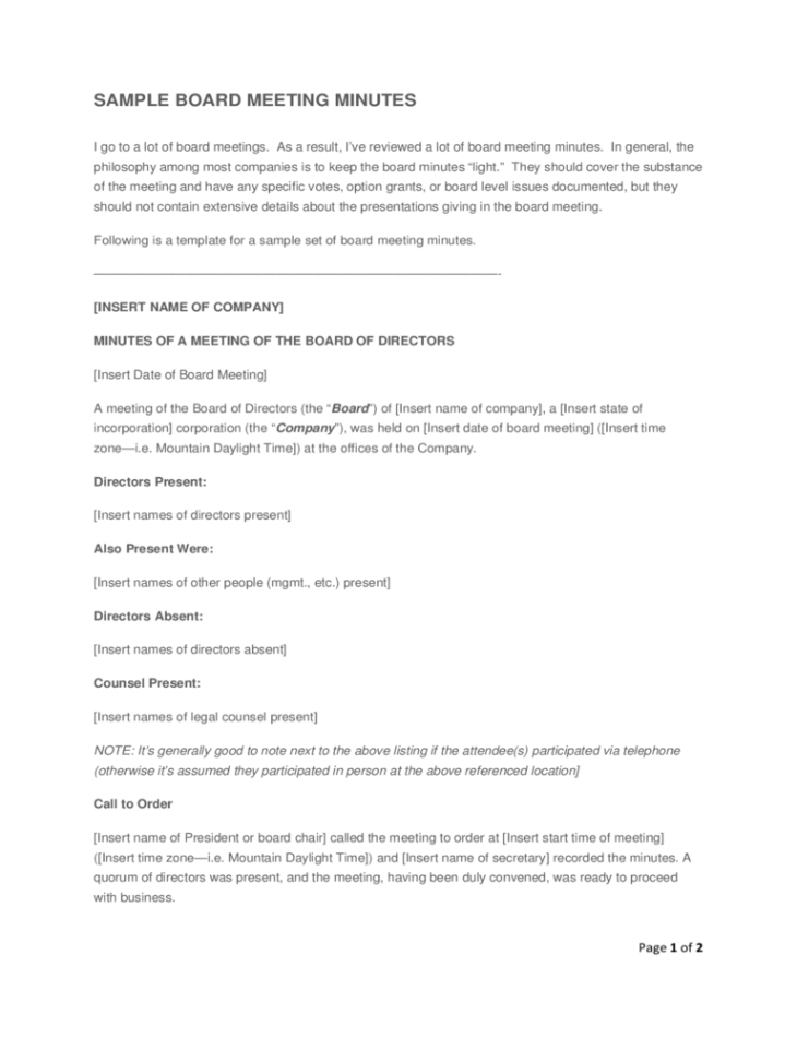 Sample Basic Board Meeting Minutes Template Example