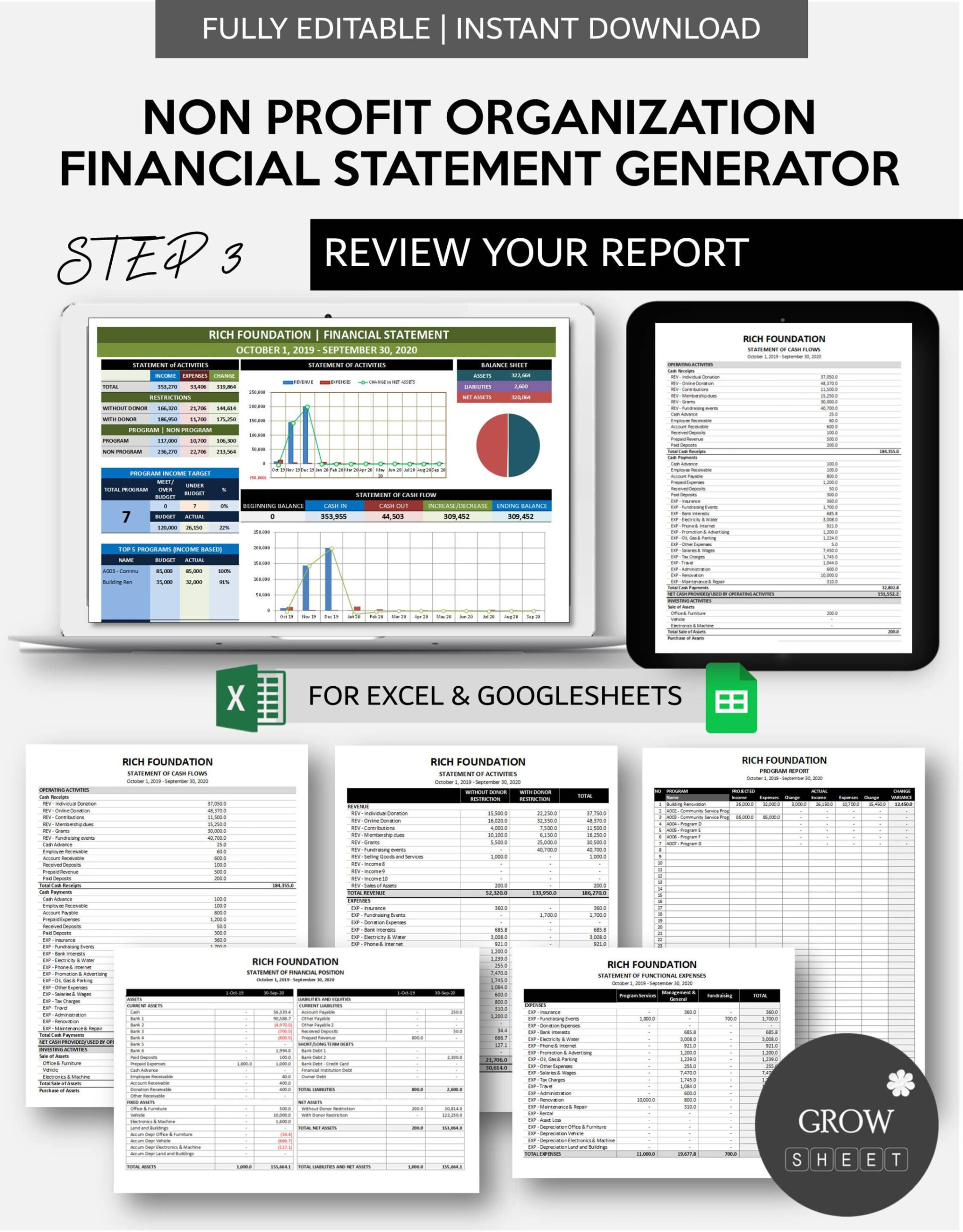 editable non profit organization financial statement generator  etsy non profit organisation financial statement template excel