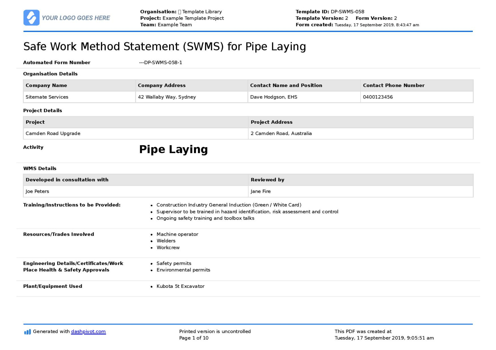 free pipe laying safe work method statement swms safe work method statement template