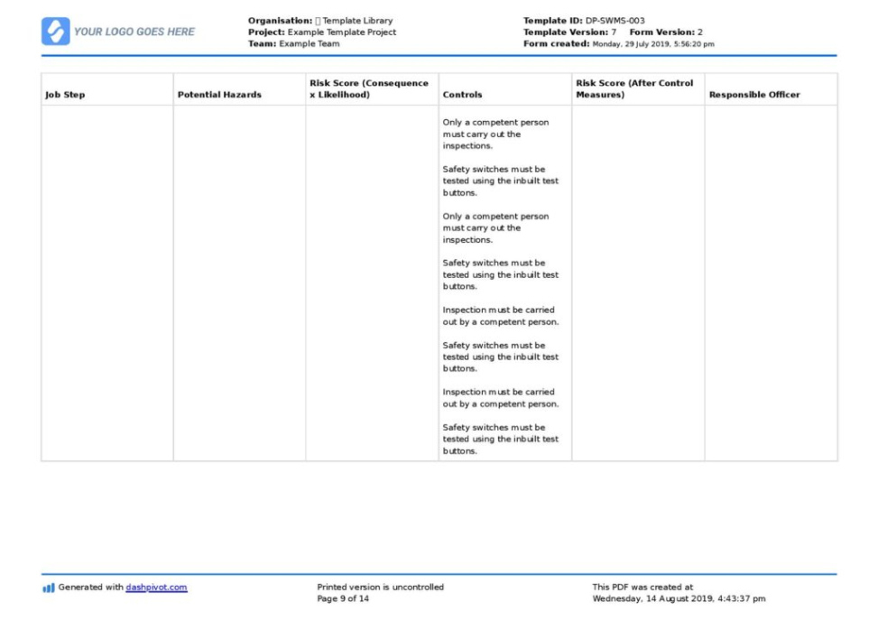 Custom Electrical Safe Work Method Statement Template Excel Sample