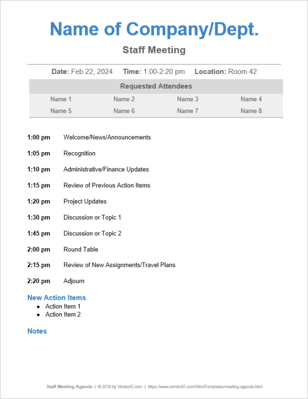 Editable Church Staff Meeting Template Pdf Sample