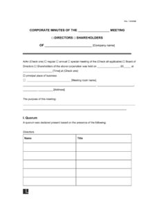 Free Blank Corporate Board Of Directors Meeting Minutes Template Pdf