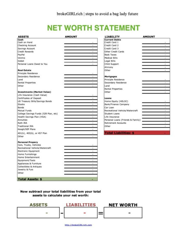 Free Printable Business Net Worth Statement Template Word